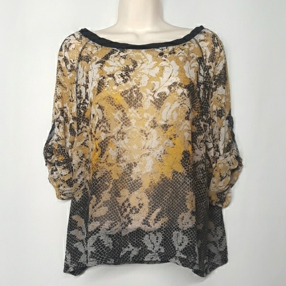 SUNSET RD. Yellow Black Print Semi Sheer Large Top - Picture 7 of 9